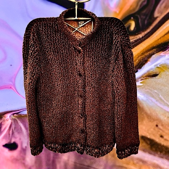 {Silkland} VTG Chocolate Brown Crinkle Knit Cardigan Jacket, Velvet Floral Trim - Picture 1 of 12